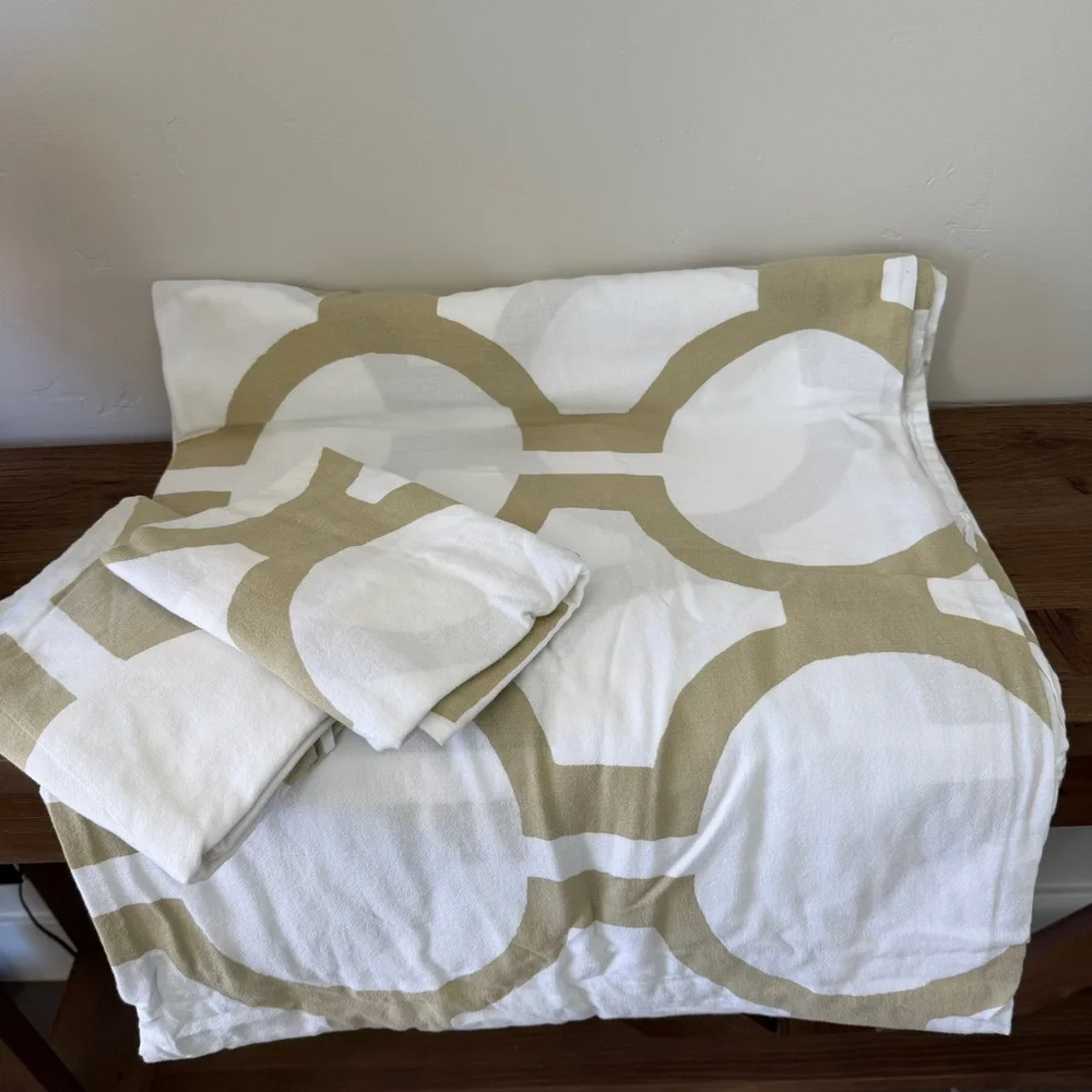Ikea Glansblomma KING Sz White Beige Green Abstract Print Duvet Cover & 2 Shams